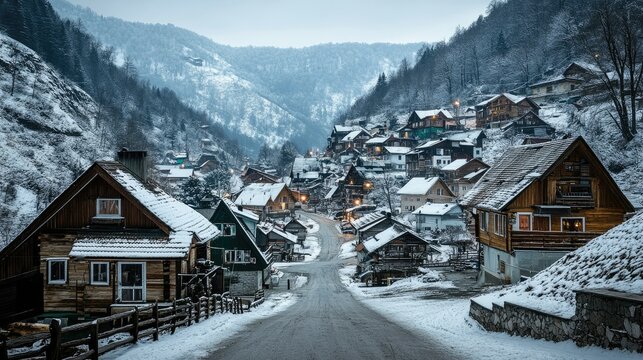 Picturesque alpine village nestled in a snowy valley.