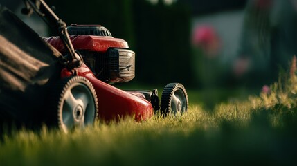 Fototapeta premium Close-up of red lawn mower trimming green grass in front of home with vibrant sunlight, showing sharp texture detail, shallow depth of field, and dynamic motion during outdoor lawn care activity