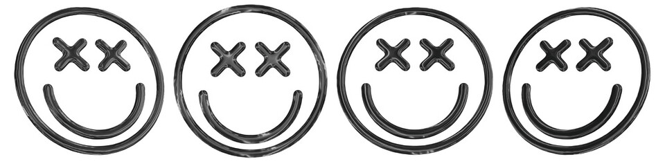 Smiley Face Icons — Y2K Chrome Style. A set of 2000s-style smiley face icons with a retro chrome finish. Use in overlays, digital scrapbooking, or aesthetic designs. Transparent PNG.