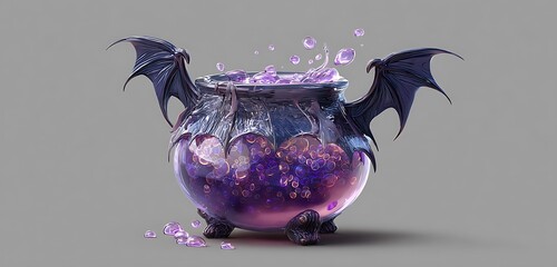 A cauldron with bat wings filled with purple liquid and bubbles on a gray background studio shot