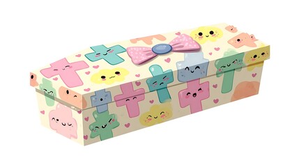 A rectangular box decorated with colorful crosses faces and a pink bow on a white background