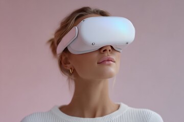 Young caucasian female experiencing virtual reality with vr headset