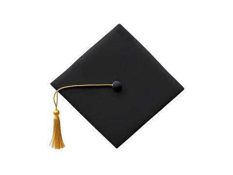 A black graduation cap with a golden tassel is displayed against a stark transparent background, symbolizing academic achievement and the pursuit of knowledge