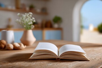 Open book on wooden table in sunlit kitchen interior with vase and bread rolls
