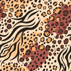 Mixed animal skin pattern. Seamless wildlife leather texture combining leopard spots and zebra stripes. Creative blend of animal markings, print for fashion textiles and decor vector illustration.