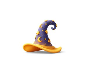 A cartoon wizard hat with yellow brim and purple top decorated with stars and a crescent moon on white