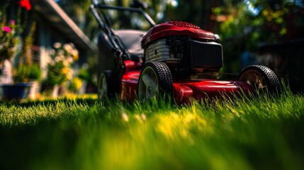 Obraz premium Close-up of red lawn mower trimming green grass in front of home with vibrant sunlight, showing sharp texture detail, shallow depth of field, and dynamic motion during outdoor lawn care activity