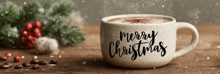 Warm coffee cup with Christmas greetings surrounded by festive decorations on a wooden table
