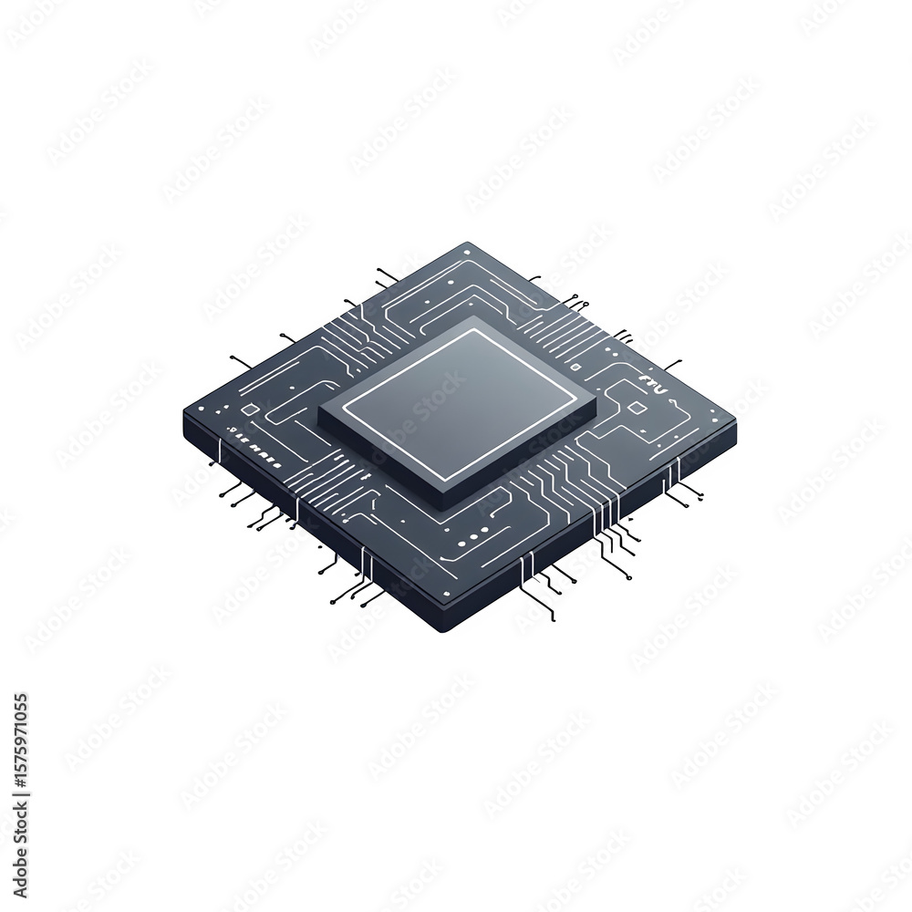 Poster a sleek, dark computer processor chip with intricate silver circuitry and connections, presented in 