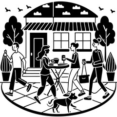 Lively Street Scene with Outdoor Café – Line Illustration of Urban Life


