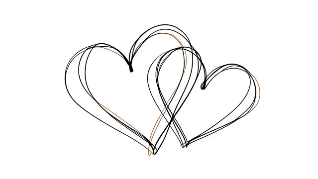 Two intertwined handdrawn hearts in black outline, symbolizing love and connection, isolated on a transparent background