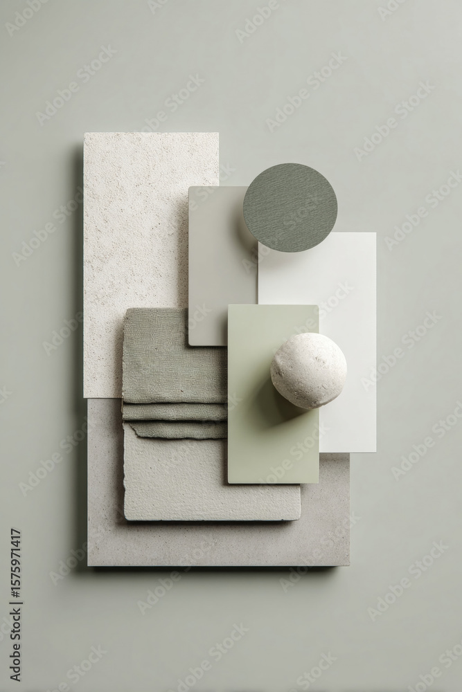 Aufkleber modern flat lay moodboard featuring various textures and shapes in muted colors. composition include