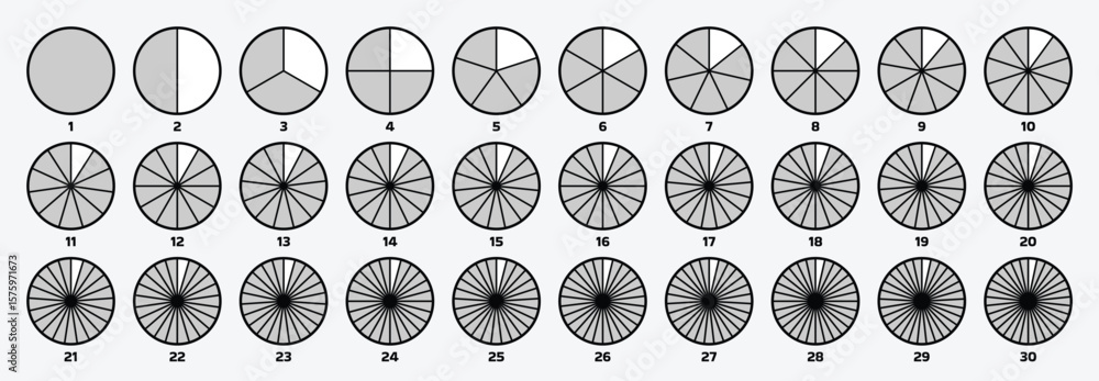 Poster Segmented circles. Circular segmentation diagrams with varying numbers of segments, pie charts and fractions visualization. Slice graphs for data presentation vector set.