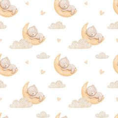 Seamless watercolor pattern with cute bear sleeping on moon in cloud, hand drawn illustrations for kids