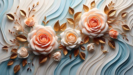 Pastel Roses and Golden Leaves on Layered Background, Soft Floral Design with Gold Accents