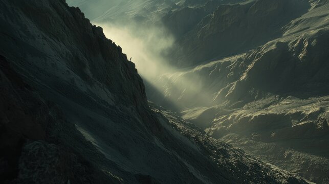 Rugged mountain range with a dramatic light and shadow play.