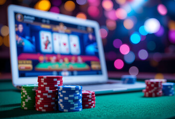 Laptop displaying online poker game with poker chips stacked on a green felt surface in a colorful setting