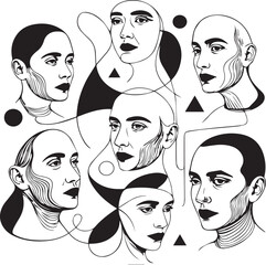 Abstract Line Art Portraits Intertwined Faces and Geometric Shapes