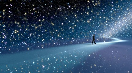 Person walking through cosmic starfield universe with glowing pathway