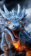 Majestic ice dragon roaring over a burning castle at dusk