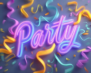 The word party in neon lights surrounded by colorful streamers on a blue gray background image