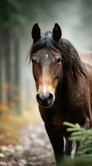 Obraz premium Brown horse standing calmly in a misty forest during the early morning light surrounded by soft autumn colors