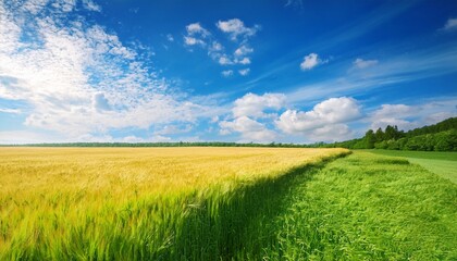 Fototapeta premium golden wheat field and green meadow under bright blue sky with fluffy clouds