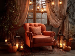 Orange armchair with lanterns and pumpkins in a cozy autumnal indoor setting near a window