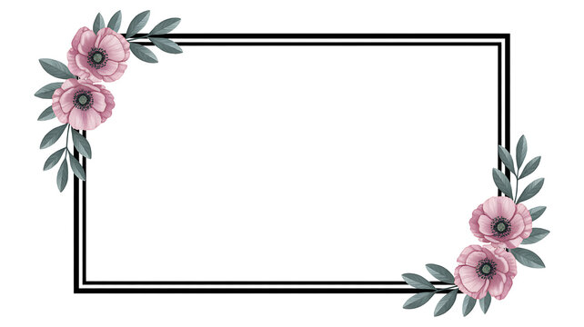 Elegant rectangle frame decorated with pink anemone flowers and green leaves