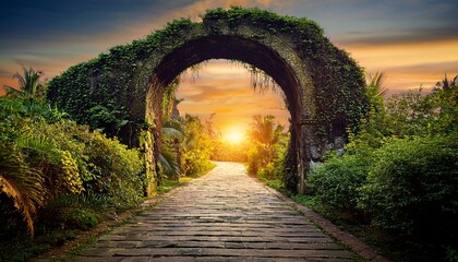 tropical path to sunset an enchanting journey through lush greenery and ancient archway