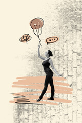 Banner pop image sketch artwork collage of happy businessman businesswoman stand light bulb idea finding bubble speech plan