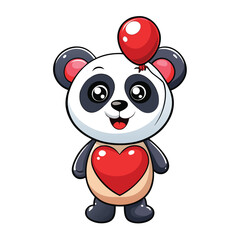 Cute panda cartoon holding a red balloon and a heart