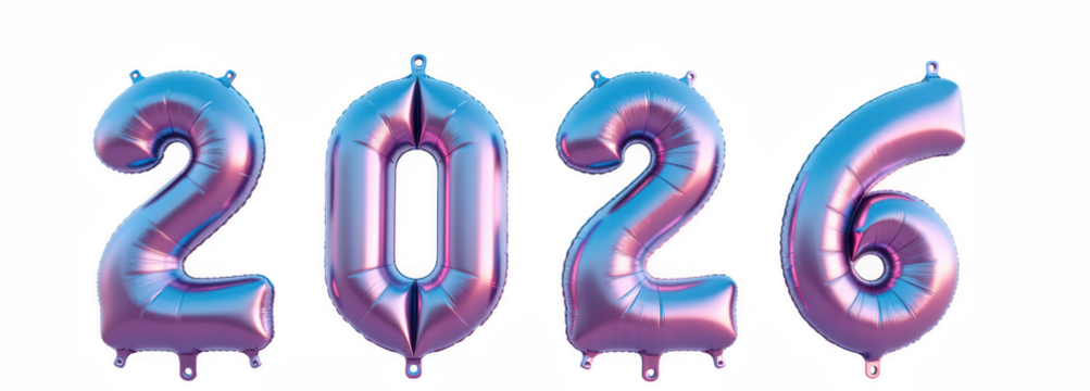 Celebratory balloons in vibrant colors display year 2026, symbolizing hope and excitement for future