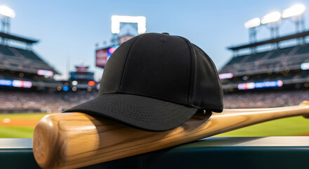 Close-Up of Baseball Cap and Bat in Sports Stadium Scene