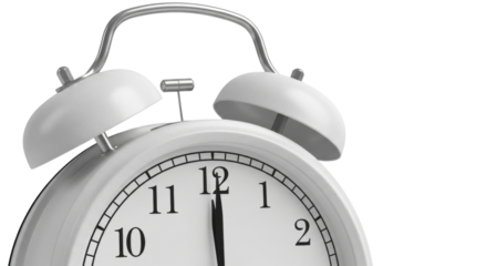 Analog alarm clock showing twelve o'clock isolated PNG with Transparent Background