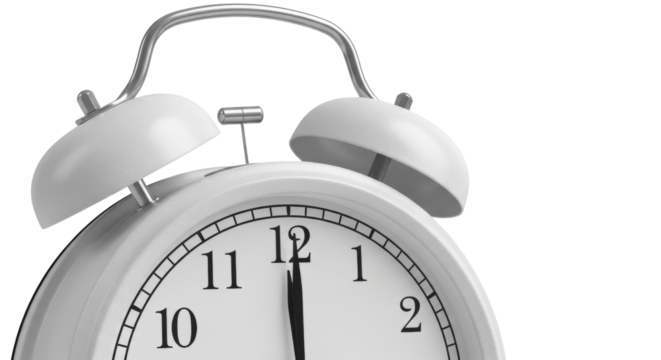 Analog alarm clock showing twelve o'clock isolated PNG with Transparent Background