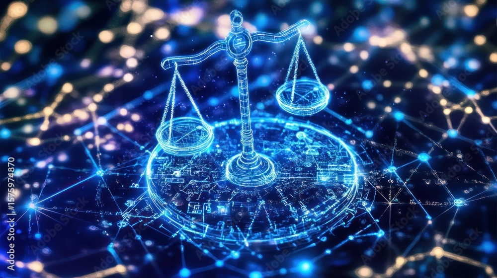 Poster digital scales of justice with interconnected network.