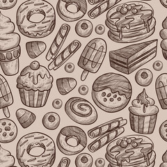 Sweets cakes, dessert seamless pattern, donuts, muffins, pancakes, cookies. The background is suitable for printing on fabric and paper for confectionery, culinary and children's designs.
