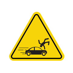 Warning sign for car accident with pedestrian hit, yellow triangular caution, road safety alert