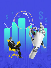 Graphic composition. 3D robot hand robot analyzing chart with businessman in chair working on...