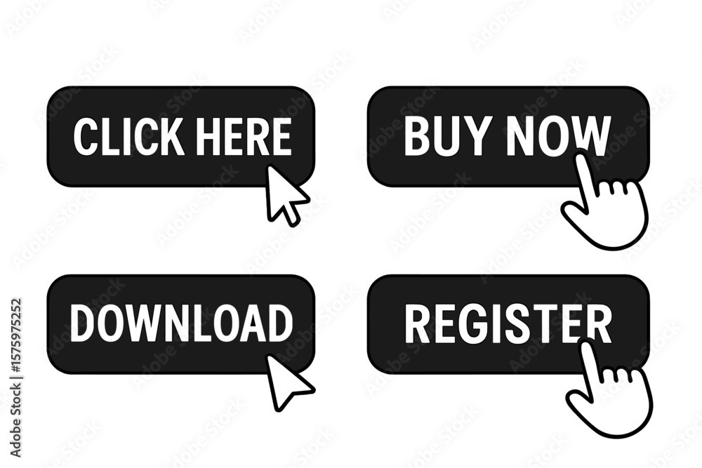 Poster click here and buy now button set. call to action web buttons for download or register. mouse cursor