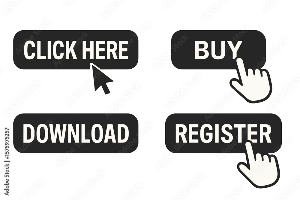 Poster set of call to action buttons for website ui. click here, buy now, download and register web element