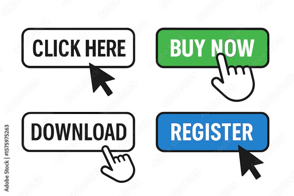 Poster set of action buttons for website. click here, buy now, download, register icons. mouse cursor and h