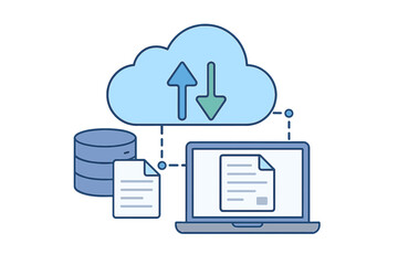 Cloud computing web hosting concept. Database service for documents and files on computer. Cloud storage for data uploading and downloading. Digital online backup service vector.
