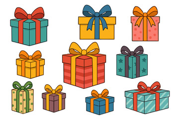Gift box collection vector illustration. Set of colorful cartoon presents with ribbons for birthday, christmas, holidays. Surprise, celebration, shopping, sale graphic icons.