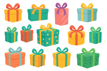 Colorful gift box vector set. Collection of presents with ribbons for birthday, Christmas, holiday celebration. Surprise packages illustration isolated. Cartoon flat design icon.