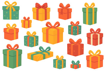 Vector set of colorful wrapped gift boxes with bows and ribbons. Holiday presents collection for birthday, Christmas, anniversary. Surprise giftbox flat icons for celebration.