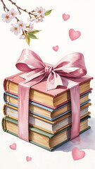 Fototapeta premium Stack of books tied with a pink ribbon surrounded by cherry blossoms and hearts