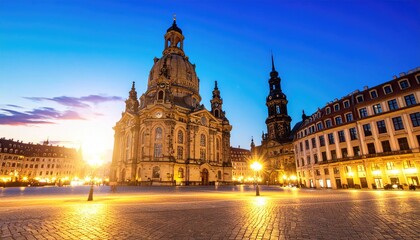 Fototapeta premium Historic church at dawn, illuminated square