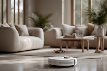 Fototapeta premium Smart robot vacuum cleaning modern cozy living room with natural light